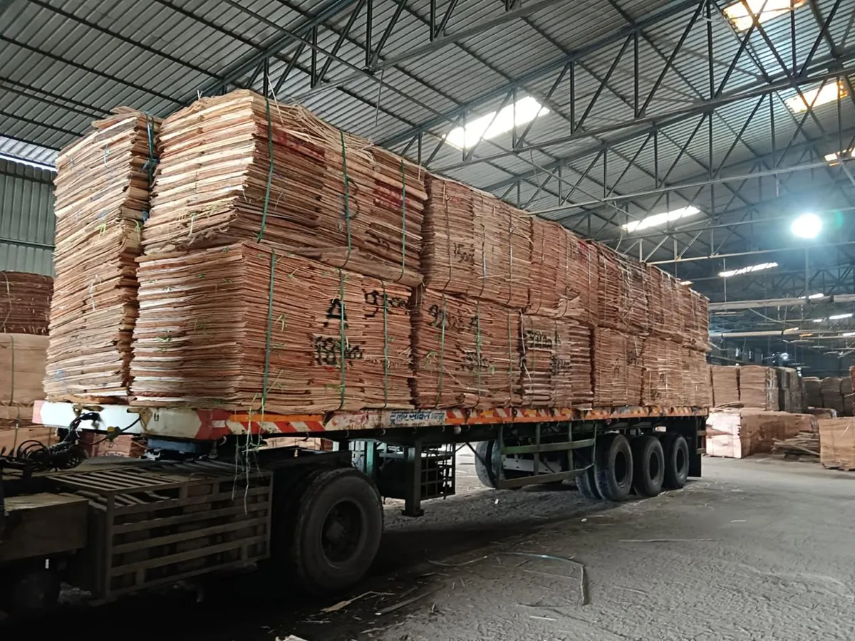 Bundles of eucalyptus core veneer stacked on a trailer in the warehouse